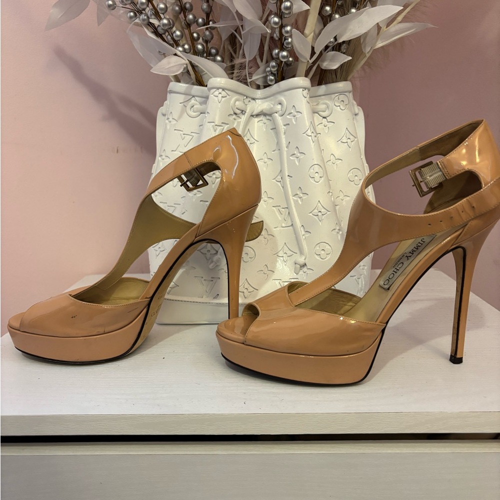 Jimmy Choo Nude Peep Toe Heels - Picture 2 of 9
